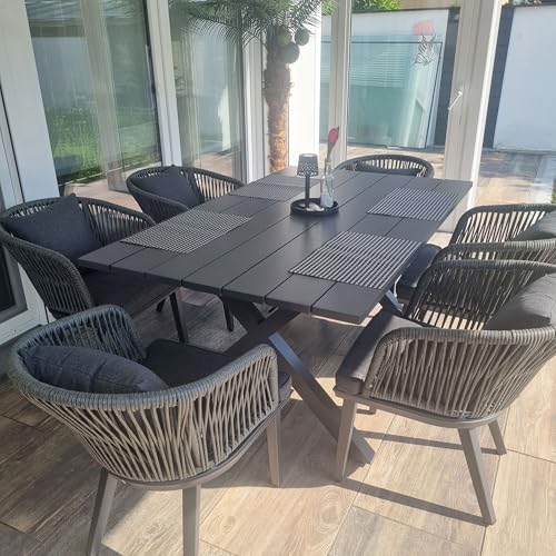 PURPLE LEAF 7 Pieces Patio Dining Set Wicker Outdoor Furniture Rectangular Table and Chairs Set for Garden Deck Aluminum Frame Backyard Kitchen Set, Cushions and Pillows Included Grey