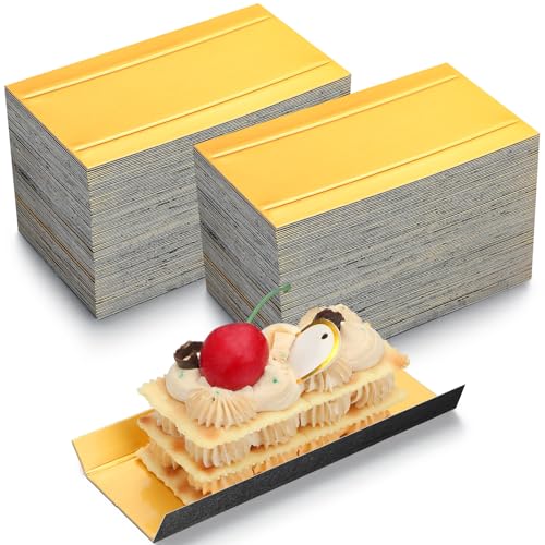 MotiMind 200 Pcs Mini Rectangular Foldable Paper Cardboard Cake Board Plates Bulk Mini Mousse Cake Bases Cardboards for Dessert Pastry Display Trays (Gold,Black)