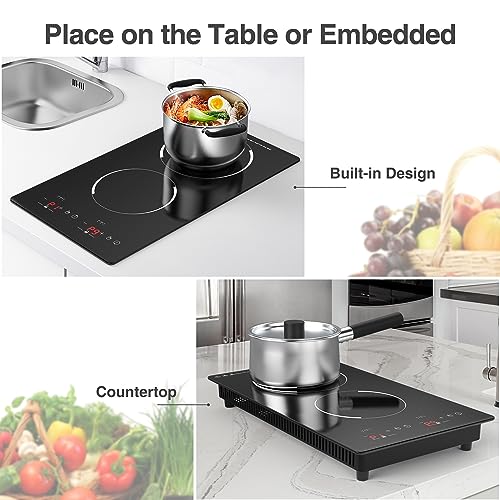 GIHETKUT Double Induction Cooktop,110V 2 Burner Induction Cooktop,2300W Electric Stove Top with Independent Control, Ultrathin Body, 9 Temperature, Multiple Power Levels, 2 Hour Timer, Safety Lock