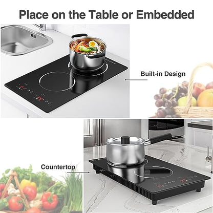 GIHETKUT Double Induction Cooktop,110V 2 Burner Induction Cooktop,2300W Electric Stove Top with Independent Control, Ultrathin Body, 9 Temperature, Multiple Power Levels, 2 Hour Timer, Safety Lock