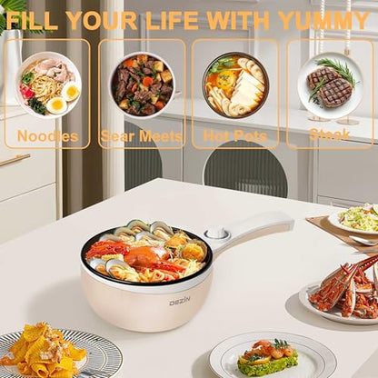 Dezin Hot Pot Electric Upgraded, Non-Stick Sauté Pan, Rapid Noodles Electric Pot, 1.5L Mini Portable Hot Pot for Steak, Egg, Fried Rice, Ramen, Oatmeal, Soup with Power Adjustment