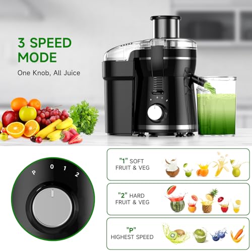 Juicer Machine, 500W Centrifugal Juicer Extractor with 3 Speed & Wide Mouth 3” Feed Chute for Fruit Vegetable, High Yield Juicer Included Cleaning Brush for Easy to Clean, Black