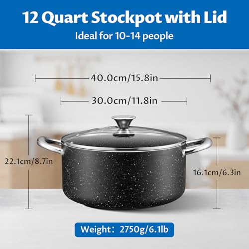 BEZIA Large 12 Quart Nonstick Stock Pot with Lid, Induction Cooking Pot Soup Pot, Non-toxic and Oven Safe, Perfect for Stews, Soups and All Stovetops, PFOA PFAS Free