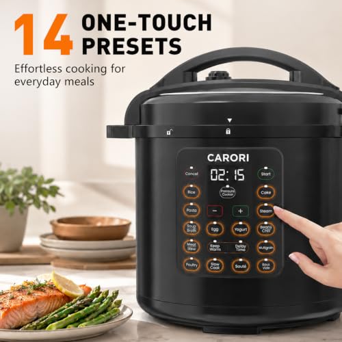 CARORI 8Qt 12-in-1 Electric Pressure Cooker, 1200W, Quick Meals, Time-Saving, Healthy, Easy Cooking Appliance, Slow,Rice,Steamer, Sauté, Yogurt Maker, Warmer & Sterilizer,Safer Venting Design, Black