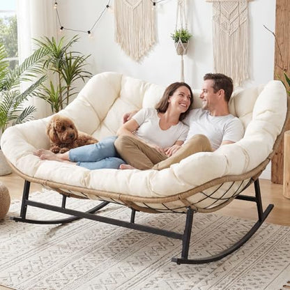 NICESOUL Oversized Double Rocking Papasan Chair with Thick Cushion, 2 Person Big Wicker Outdoor Comfy Recliner, Extra Large Heavy Duty Egg Loveseat for Patio, Balcony, Backyard, Garden, Beige