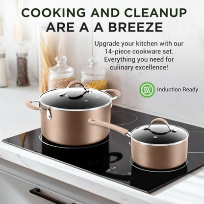 NutriChef 14-Piece Non Stick Kitchen Cookware Set w/Saucepan, Frying Pans, Cooking Pots, Dutch Oven Pot, Lids, Utensil, Gold