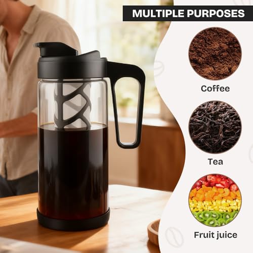 wedrink 44oz Cold Brew Coffee Maker, 1.3L Borosilicate Glass Cold Brew Pitcher with Comfortable Handle, Removable Filter & Anti-Slip Silicone Bottom