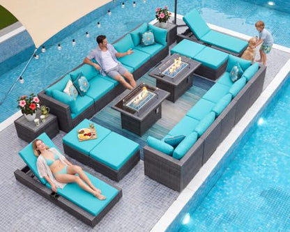 NICESOUL 20 Piece Extra Large Patio Furniture Set w/Fire Pit Table & Chaise Lounge, Modern Luxury Outdoor Group Seating w/Firepit, Comfortable 29.3" High-Back Sectional Couch Deep Seat, Gray & Teal