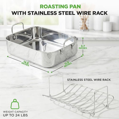 NutriChef Premium Stainless Steel Roasting Pan with Rack – Heavy‑Duty 14″ Turkey Roasting Pan for Turkey, Chicken & Meats (Wide Handles, Dishwasher Safe)