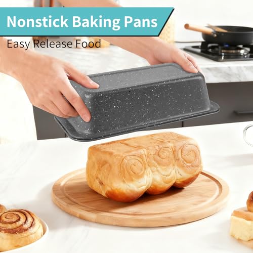 Barlket Baking Pans Set, 5 Piece Grey Marble Nonstick Bakeware with 100 Cupcake Liners – Stackable Carbon Steel Set for Small Kitchens, Apartments, Home Baking and Gifts