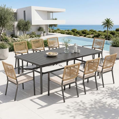 PHI VILLA 9pc Patio Dining Set, 82" Rectangular Table, Wicker Chairs