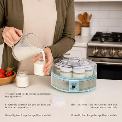 Studio 54 Yogurt Maker Machine with 7 Reusable Glass Jars (6oz Each), Probiotic Greek Yogurt Maker with Precise Time & Temperature Controls, Retro Blue Digital Yogurt Maker