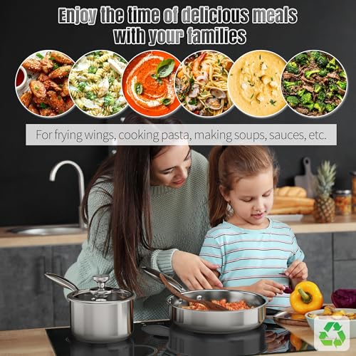 ASKSCICI Stainless Steel Cookware Set, 16-Piece Pots and Pans Set Non Toxic, Kitchen Induction Cookware with Glass Lids, Steamer, Utensil Sets, Pot Protectors & Apron, Oven & Dishwasher Safe, Silver