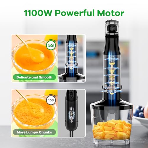 Turelar Immersion Blender Handheld Corded Hand Blenders Set 1100W, Trigger Variable Speed 5 in 1 Stick Emulsifier with Chopper, Whisk and Frother for Soup, Baby Food and Smoothies, Black