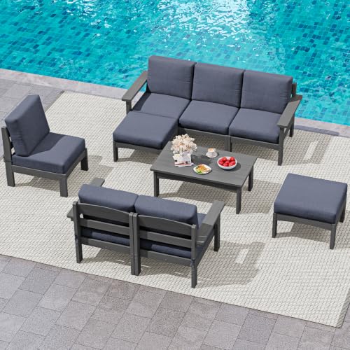 SERWALL 9 Pieces Patio Sofas, HDPE Outdoor Sectional Sofa Couch Set, Grey
