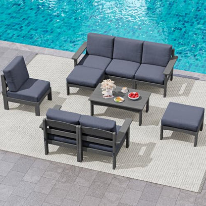 SERWALL 9 Pieces Patio Sofas, HDPE Outdoor Sectional Sofa Couch Set, Grey