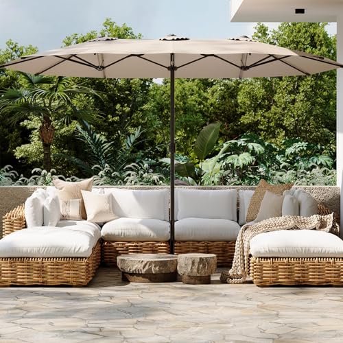 AECOJOY 15x9ft Large Patio Umbrella, Double-Sided Umbrella Outdoor Patio, Rectangle Market Table 177''x104'' Umbrellas with Crank Air Vents for Deck Pool Patio (1.9" Pole, Tan)
