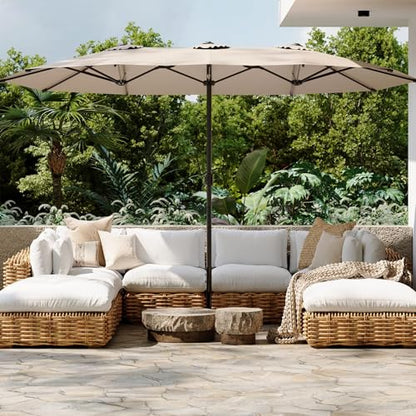 AECOJOY 15x9ft Large Patio Umbrella, Double-Sided Umbrella Outdoor Patio, Rectangle Market Table 177''x104'' Umbrellas with Crank Air Vents for Deck Pool Patio (1.9" Pole, Tan)
