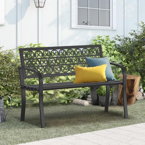 On Shine Outdoor Garden Bench Cast Iron Steel Outdoor Bench Clearance Weatherproof Metal Park Bench for Porch, Yard, Lawn, Deck (Four-Leaf Clover)