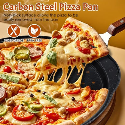 hunnycook 2P Non Stick Pizza Pans - 12” Round Pizza Tray with Holes and Handle, Carbon Steel Pizza Pan for Oven, Dishwasher Safe, PFOA Free