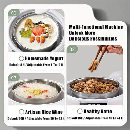 Yogurt Maker with Adjust Temp(32°C-45°C/90°F-113°F)&Time(1-99h) and PP Lid,Celsius Increment,Hour Countdown,LED Display,304 Stainless Steel Inner Bowl (1.2L) no glass jar