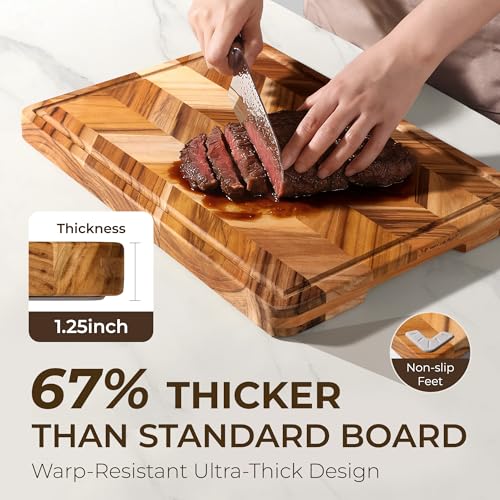 oridom Teak Wood Cutting Board for Kitchen Large End Grain Heavy Duty Checkered Wooden Cutting Board Non Toxic Herringbone Charcuterie Butcher Block Non Slip Hardwood Chopping with Juice Groove Handle