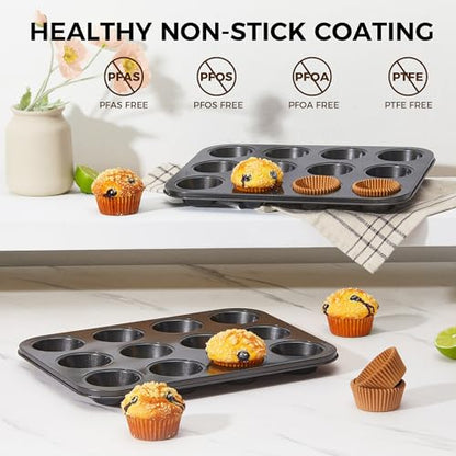 HONGBAKE Muffin Pans with 120 Natural Parchment Liners, Nonstick Cupcake Baking Tray for Oven, Premium Standard Size, 12 Cup, 2 Pack, Dark Grey