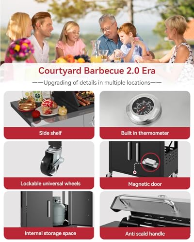 Aoxun 4-Burner Propane Grill with Side Burner, 49000 BTU Gas Grill, Stainless Steel Outdoor Grill with Cast Iron Grates & Side Tables for Backyard, Patio, Camping，Black