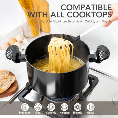 MICHELANGELO Stock Pot with Lid, 6 Quart Soup Pot with Lid, Nonstick Ceramic Cooking Pot with Stay-Cool Handle, Induction Compatible - 6QT, Black