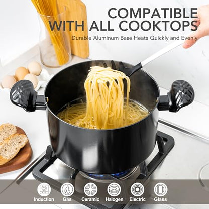 MICHELANGELO Stock Pot with Lid, 6 Quart Soup Pot with Lid, Nonstick Ceramic Cooking Pot with Stay-Cool Handle, Induction Compatible - 6QT, Black