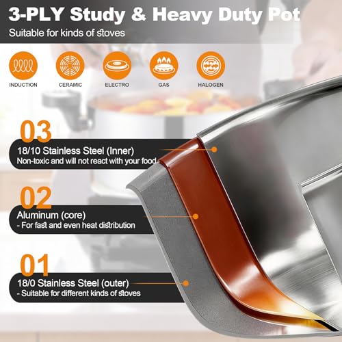 P&P CHEF Pasta Pot with Strainer Lid, 6 Quart Stainless Steel Stock Pot For Kitchen Cooking Boiling, Visible Glass lid & Heat-Proof Lockable Handles, Dishwasher Safe