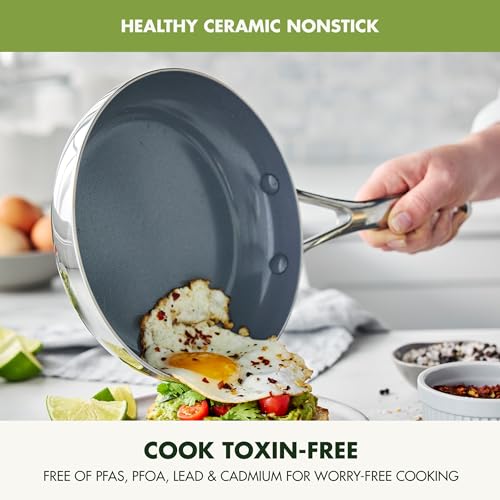 GreenPan Valencia Pro Tri-Ply Stainless Steel 8” & 10” Frying Pan Skillet Set, PFAS-Free Ceramic Nonstick Coating, Induction Ready Cookware, All Cooktops, Eggs & Omelets, Dishwasher & Oven Safe 600F
