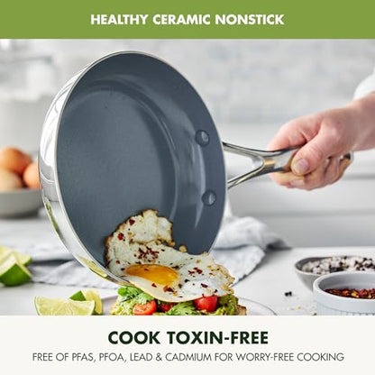 GreenPan Valencia Pro Tri-Ply Stainless Steel 8” & 10” Frying Pan Skillet Set, PFAS-Free Ceramic Nonstick Coating, Induction Ready Cookware, All Cooktops, Eggs & Omelets, Dishwasher & Oven Safe 600F