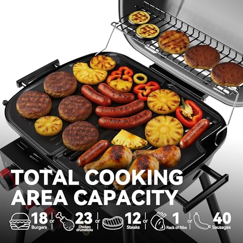 Royal Gourmet GT2003 Portable 2 Burner Propane Gas Grill with Stand and Warming Rack, 2-in-1 Grill Griddle Combo with 17,000 BTUs Output forCamping, Tailgating, Backyard, Gray