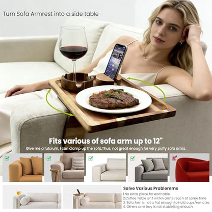 360° Detachable Rotating Acacia Wood Sofa Arm Tray Table, Serving Tray Clip On Couch Armrest Table with Cup Holder & Phone Stand, TV Dinner Tray for Eating on Sofa, TV Trays Fits for Small Spaces