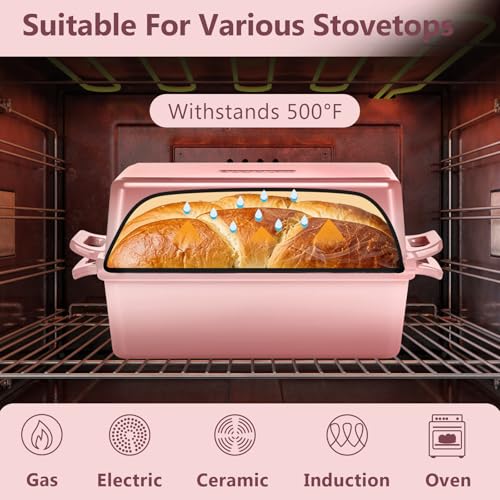 Wildone Enameled Cast Iron Bread Loaf Pan with Lid, 9x5 Sourdough Baking Pans for Homemade Bread, Cake, Meatloaf, Even Heating Bread Pans, 2-Piece Set, Pink