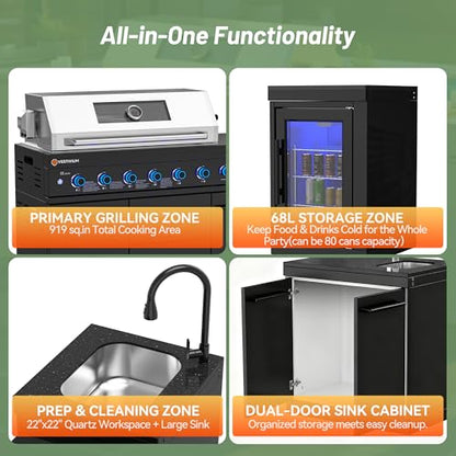 VESTIVIUM 112" All-in-One Outdoor Kitchen, 8-Burner Modular Grill Station, Powder Coating Black SS304 & Black Granite, Sink, Fridge, Complete BBQ Set for Large Patios & Backyards (Propane)