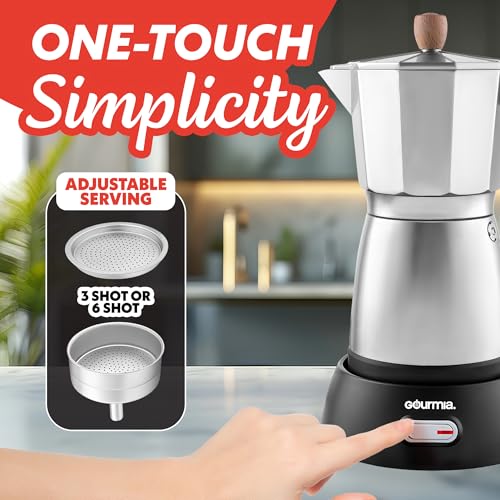 Gourmia Electric Moka Pot Espresso Maker – 6 Shot Italian-Style Coffee Brewer, 550W Detachable 360° Cordless Base, Food-Grade Aluminum, Beechwood Handle