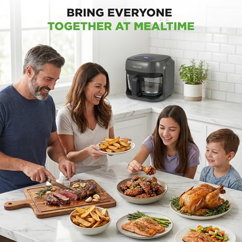 NutriChef Family Size 7.5 Quart Air Fryer | 6 Preset Cooking Modes | Glass Fry Bowl for Best Cooking | 360° Air Circulation | Cook Veggies, Steak, Fries, Seafood, Chicken & More | Gray