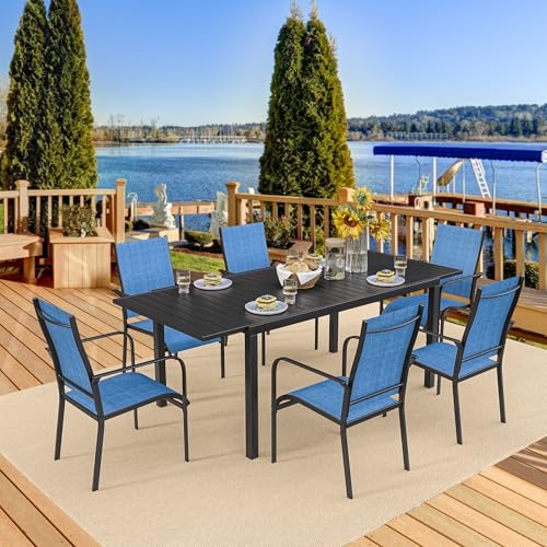 BUPPLEE 7-Piece Patio Dining Set with Expandable Rectangular Table (38"-84"), 6 Textilene Chairs, Outdoor Furniture for Garden, Deck, Backyard, Blue