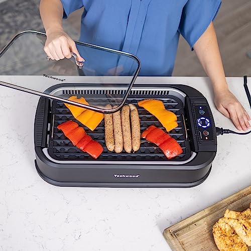 Techwood Indoor Grill Smokeless Grill, Electric Korean BBQ Grill with Glass Lid, Turbo Smoke Extractor Technology, Dishwasher-Safe Drip Tray & Nonstick Grilling Removable Plate, Black, 1500W
