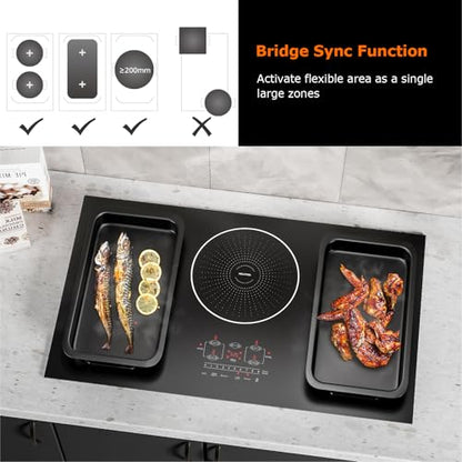 BIGoods 36 Inch Induction Cooktop 5 Burners, Flat Glass Top Electric Stove Hob with Bridge-SYNC, 3 Preset Modes Booster, Timer, Pause, Child Lock, Drop in, 208~240V/50A, Black