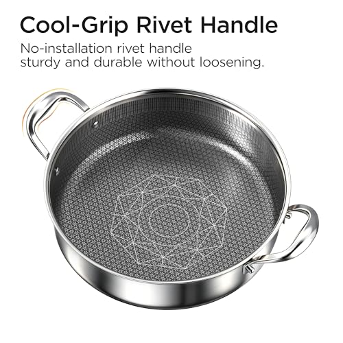 COOKER KING 5QT Stainless Steel Saute Pan with Lid, Hybrid Nonstick Deep Saute Pan, Chicken Fryer, Tri-Ply Clad Even Heat Distribution, Dishwasher-Friendly,Oven Safe to 900°F, Induction Compatible