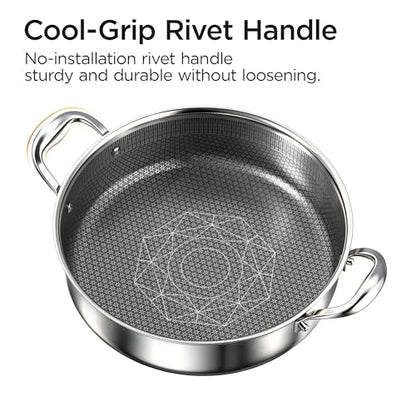 COOKER KING 5QT Stainless Steel Saute Pan with Lid, Hybrid Nonstick Deep Saute Pan, Chicken Fryer, Tri-Ply Clad Even Heat Distribution, Dishwasher-Friendly,Oven Safe to 900°F, Induction Compatible