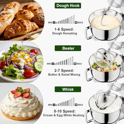 Camic Electric Stand Mixer,7.45 QT,10 Speeds with Dough Hook,Whisk, Flat Beater Attachments, Splash Guard, Easy-Carry Top Handle,3-IN-1 Kitchen Mixer for Baking Cakes Cookie Bread Salad (Silver)