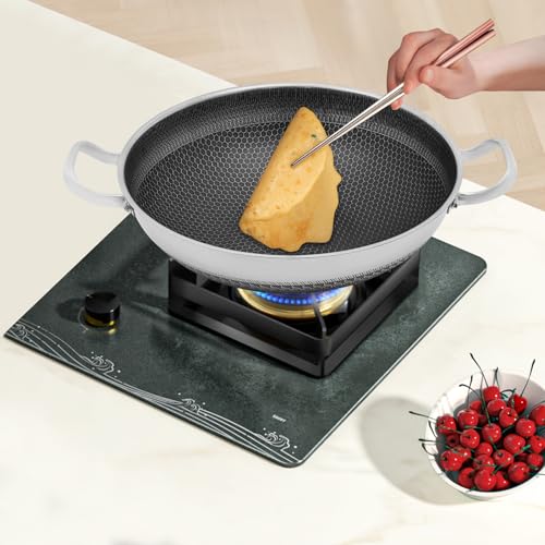 Wtobybt 36cm/14in Stainless Steel Pan with Lid, Double-Handled Frying Pan Hybird Induction Cooking Pans Round Wok for Induction Cookers Electric Ceramic Stoves Electric Stoves