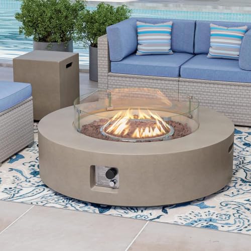 COSIEST 2-Piece Outdoor Propane Firepit Table Set w Tank Table, 42" Fire Table Certified, 50,000 BTU w Gray Round Base,Wind Guard and 16 inches Tank Side Table 20lb for Garden,Pool
