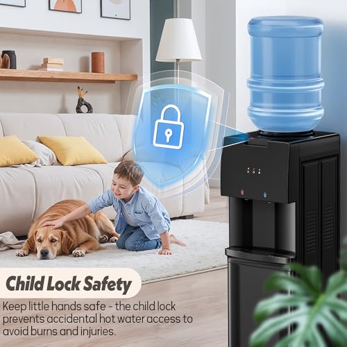 Manastin Water Dispenser with Hot & Cold Water, Top Loading Water Cooler for 3 or 5 Gallon Bottles with Child Safety Lock, Ideal for Kitchens, Offices,Solid Black