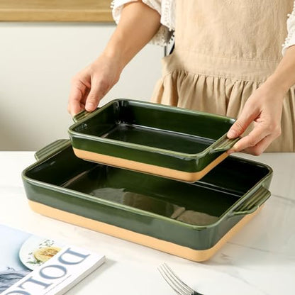 Howise Ceramic Baking Casserole Dish with Handles, Large 9x13 inch Pan and Middle Baking Pan - Porcelain Serving Bakeware Set (Forest Green)