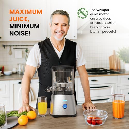 Eurolux Electric Citrus Juicer Stainless Steel | Premium Hands-Free One-Touch Orange Juice Squeezer for Oranges, Lemons, and Limes | Quiet Operation, Easy to Clean, Countertop Small Kitchen Appliance